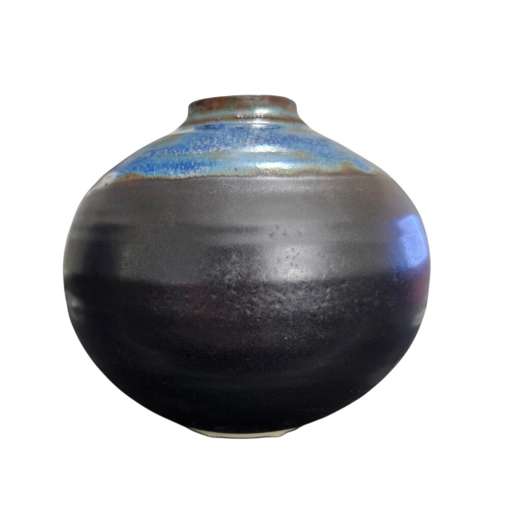 Studio Art Pottery Vase Black Blue Drip Glaze Signed Ceramic Vessel